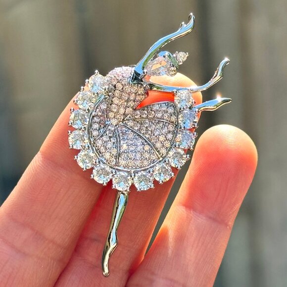 Ballerina Brooch White Gold Plated Zircon Ballerina Pin Ballet Brooch - Picture 7 of 11